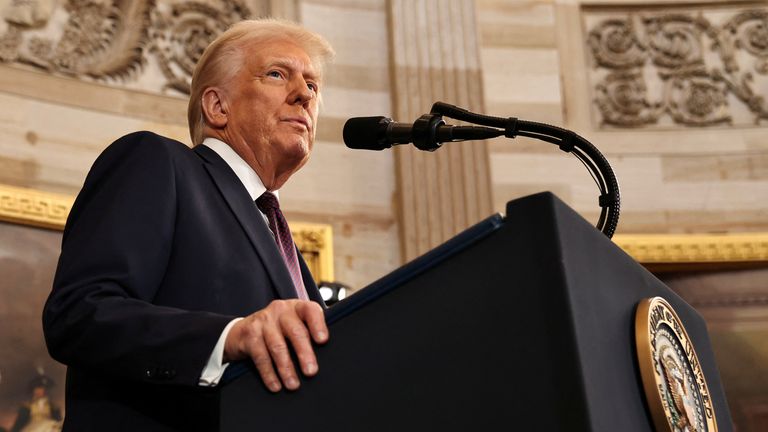 Donald Trump during his inauguration ceremony as the 47th President of the United States, with dignitaries in attendance.